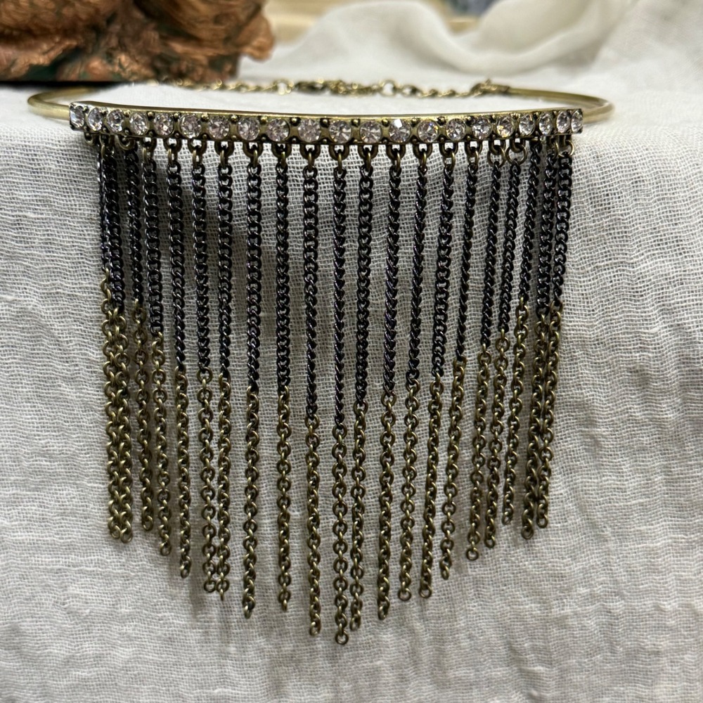 Rhinestone Fringe Choker‎ Necklace Gold Tone Boho Festival Y2K Statement